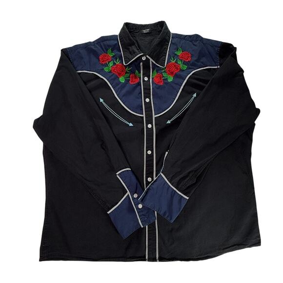 Coofandy Western Cowboy Shirt Black Blue Rose Embroidered Long Sleeve XX Large - Picture 3 of 16